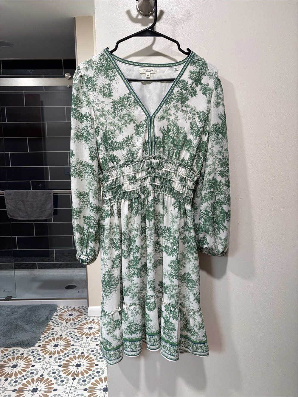 Green Floral V-Neck Smocked Waist Dress